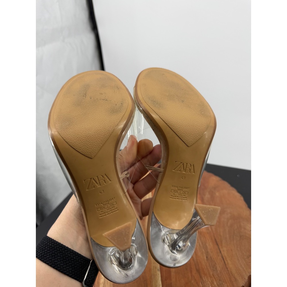 Zara Vinyl Heeled Mules Women 41 Tan Clear Architectural Strap Sandals 3314/110 - Picture 7 of 10